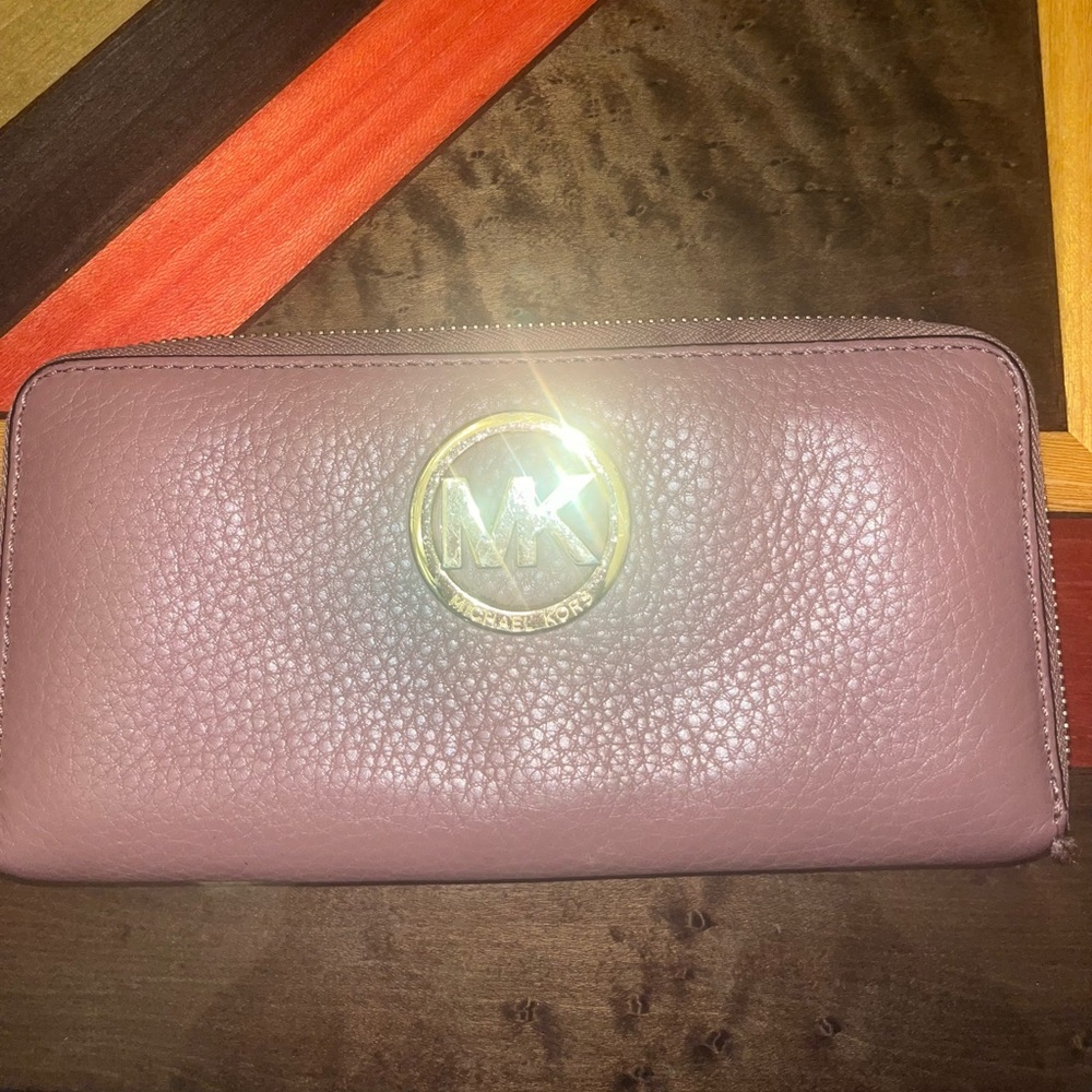Michael Kors Mauve Pink Pebbled Leather Zip-Around Wallet with Gold Logo